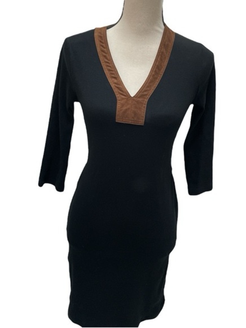 Lauren Ralph Lauren Black Brown Suede Detail Tie Waist V Neck Half Sleeve Dress